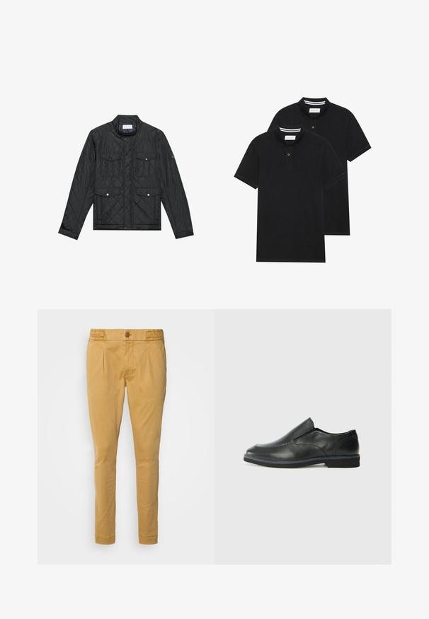 Juodas siuvinėtas džemperis su stovinčia apykakle, dviem priekinėm kišenėm su spaudėmis ir siuvinėtu paviršiumi, pagamintas iš lengvo audinio.; Du žaidimų juodos polo marškiniai, trumpomis rankovėmis, pagaminti iš medvilnės, su klasikinėmis apykaklėmis, dviem mygtukais priekyje ir baltais dryžiais apykaklės viduje.; Šviesiai rudos medvilnės kelnės su mygtukų užtrauktuku, lygi tekstūra, siaurėjantys džinsai ir priekinės klostės. Sukurtos elegantiškam siluetui.; Juodai odiniai įtvirtinimo batai su lygiu paviršiumi, siuvinėjimo akcentais, apvalia nosimi ir žemu guminiu kulnu. Pado raštas minimalus.