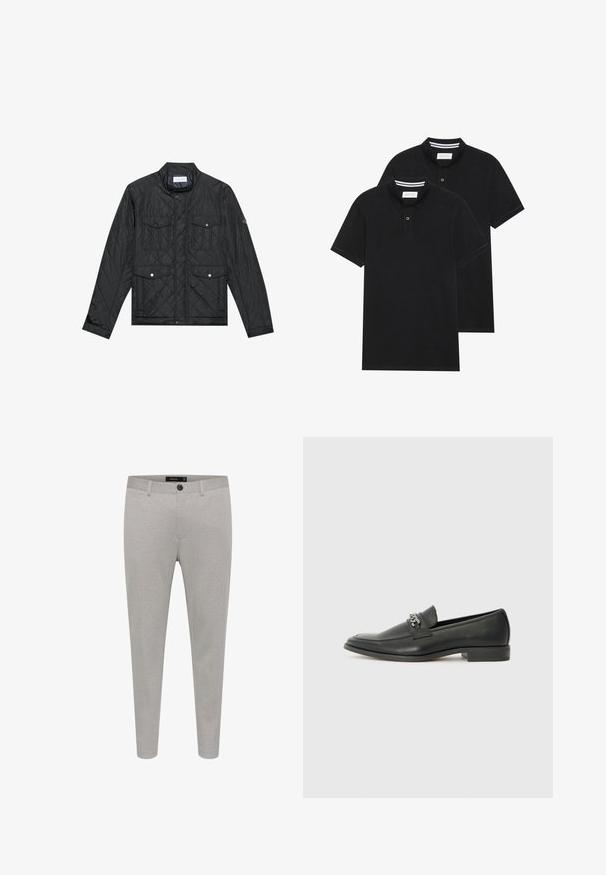 Zwarte gewatteerde jas met een staande kraag, twee voorzakken met drukknoopsluitingen en gewatteerde textuur, gemaakt van lichte stof.; Twee zwarte polo shirts, met korte mouwen, van katoen, met een klassieke kraag, een knoopsluiting met twee knopen en witte gestreepte accenten aan de binnenkant van de kraag.; Lichtgrijze op maat gemaakte pantalon van textuurstof, met een knoopsluiting, zijzakken en een slim fit ontwerp.; Zwarte leren instapper met een gladde afwerking, voorzien van een gestikt ontwerp en een decoratieve metalen kettingaccent over de wreef. Platte hak.