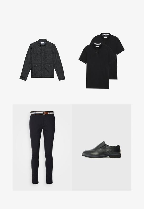 Zwarte gewatteerde jas met een staande kraag, twee voorzakken met drukknoopsluitingen en gewatteerde textuur, gemaakt van lichte stof.; Twee zwarte polo shirts, met korte mouwen, van katoen, met een klassieke kraag, een knoopsluiting met twee knopen en witte gestreepte accenten aan de binnenkant van de kraag.; Marineblauwe katoenen broek met een slim fit, voorzien van een gestreepte geweven riem met een bruin leren accent en een klassieke ritssluiting.; Zwarte leren instapper met een soepele bovenkant, gestikte accenten, ronde neus en een lage rubberen hak. De zool heeft minimale profiel.