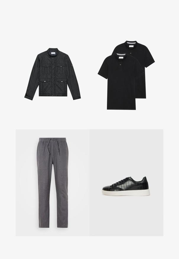 Czarna pikowana kurtka z stójką, dwiema przednimi kieszeniami z zatrzaskami i pikowaną teksturą, wykonana z lekkiego materiału.; Dwie czarne koszulki polo z krótkim rękawem, wykonane z materiału bawełnianego, z klasycznym kołnierzykiem, z zapięciem na dwa guziki oraz białymi paskami wewnątrz kołnierza.; Szare lniane spodnie z elastycznym paskiem w talii oraz sznurkiem. Posiadają dwie przednie kieszenie, proste nogawki oraz teksturowany materiał.; Czarne sneakersy z teksturowaną cholewką ze skóry z tłoczeniem w kształcie krokodyla, okrągłym noskiem oraz kontrastującą białą gumową podeszwą o gładkim wykończeniu.