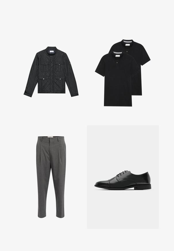Fekete steppelt dzseki álló gallérral, két elülső zsebbel, patentgombokkal és steppelt textúrával, könnyű anyagból készült.; Két fekete pólóing, rövid ujjú, pamut anyagból készült, klasszikus gallérral, két gombos gombolással, és fehér csíkos díszítéssel a gallér belső részén.; Szürke, szabott nadrág texturált anyagból, plisszírozással, egyenes lábformával és övhurkokkal. Nincsenek látható fémrészek vagy díszítések.; Fekete bőr férfi dresszcipő, lekerekített orral, fűzős kialakítással, diszkrét varrási részletekkel és alacsony sarokkal. Simább felület, fényes kivitel.