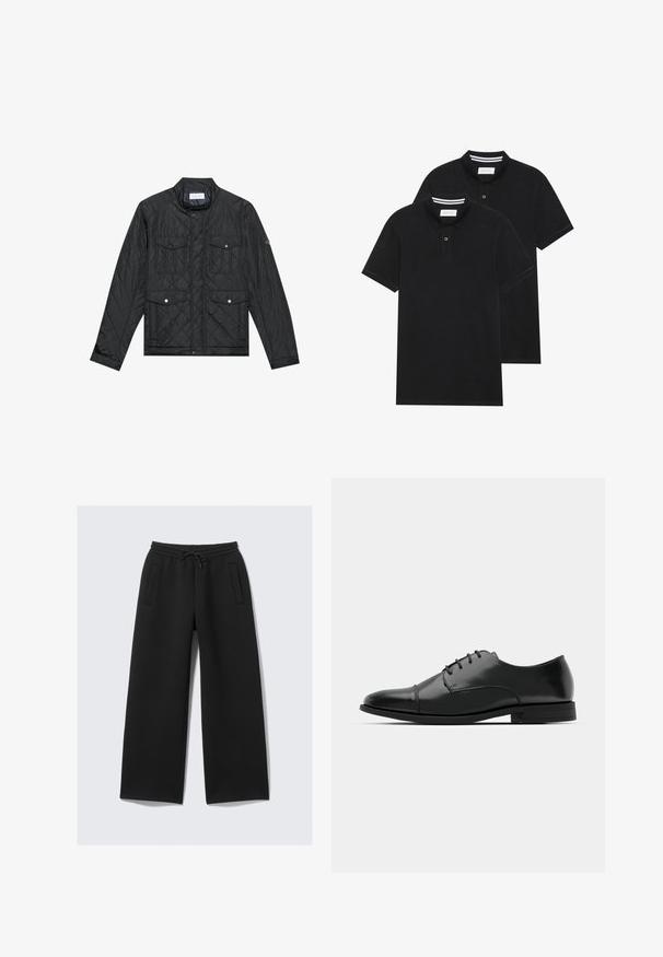 Mustikkapintainen takki, jossa on pystykaulus, kaksi etutaskua nepparilla ja tikattu kuvio, valmistettu kevyestä kankaasta.; Kaksi mustaa lyhythihaista poolopaitaa, puuvillamateriaalia, joissa on klassinen kaulus, kahden napin napitus ja valkoiset raidat kauluksen sisällä.; Mustat leveät collegehousut, joissa on joustava vyötärö ja kiristysnyöri, sekä kaksi pystysuoraa taskua edessä.; Musta nahkakengät, joissa on pyöristetty varvas, nauhakiinnitys, hienovaraiset ompeluyksityiskohdat ja matala korko. Sujuva pinta kiillotetulla viimeistelyllä.