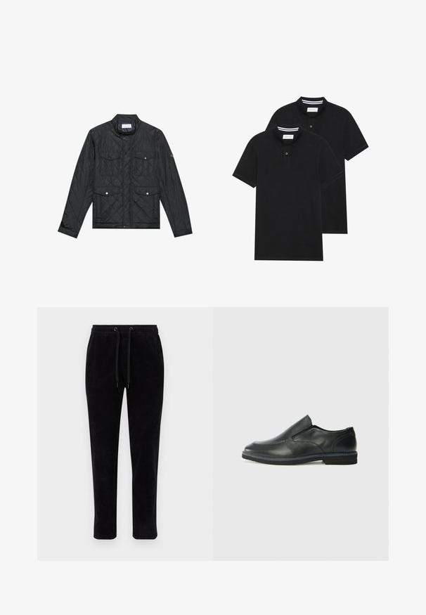 Jachetă neagră matlasată cu guler înălțat, două buzunare frontale cu nasturi și textură matlasată, realizată dintr-un material ușor.; Două tricouri polo negre, cu mânecă scurtă, din material de bumbac, având un guler clasic, deschidere cu două butoane și accente albe cu dungi în interiorul gulerului.; Pantaloni negri din corduroy cu un brâu elastic, șnururi ajustabile și o croială conică. Materialul are o textură verticală, cu nervuri.; Pantof de piele neagră, tip slip-on, cu un superior neted, accente cusute, vârf rotunjit și un toc jos din cauciuc. Talpa are un profil minim de aderență.