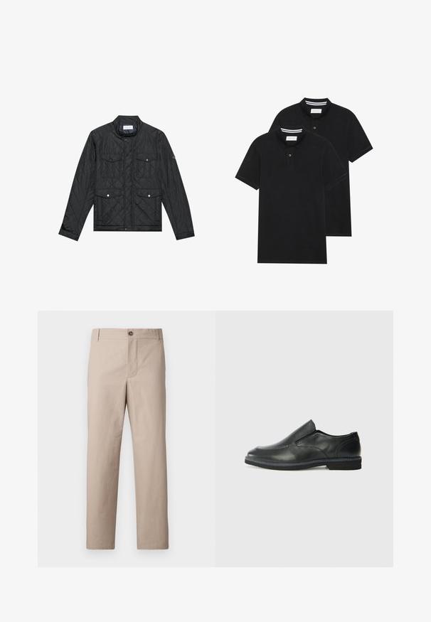 Casaco acolchoado preto com colarinho alto, dois bolsos frontais com botões de pressão e textura acolchoada, feito de um tecido leve.; Duas camisetas polo pretas, de manga curta, em material de algodão, com colarinho clássico, abertura com dois botões e detalhes em riscas brancas no interior do colarinho.; Calças de perna reta bejes feitas de algodão. Apresentam um fecho frontal com botão, bolsos laterais e um design limpo, sem adornos.; Sapato slip-on preto em pele com um upper liso, acabamentos cosidos, bico arredondado e um salto de borracha baixo. A sola apresenta um padrão de aderência mínimo.