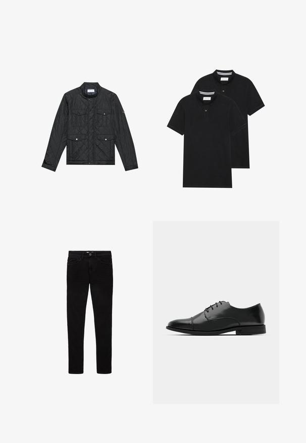 Casaco acolchoado preto com colarinho alto, dois bolsos frontais com botões de pressão e textura acolchoada, feito de um tecido leve.; Duas camisetas polo pretas, de manga curta, em material de algodão, com colarinho clássico, abertura com dois botões e detalhes em riscas brancas no interior do colarinho.; Jeans pretos em denim, com um design de corte slim, cinco bolsos e fecho de botão. Textura suave e detalhes de costura mínimos.; Sapatilha de pele preta com biqueira arredondada, design de atacadores, detalhes de costura sutis e um salto baixo. Textura suave com acabamento polido.