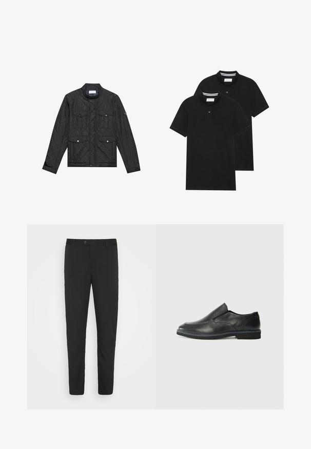 Black quilted jacket featuring a stand collar, two front pockets with snap buttons, and quilted texture, made from lightweight fabric.; Two black polo shirts, short-sleeved, cotton material, featuring a classic collar, two-button placket, and white striped accents inside the collar.; Black, tailored pants with a straight-leg design, front pockets, and a button closure. Made of smooth fabric with a slight sheen.; Black leather slip-on shoe with a smooth upper, stitched accents, rounded toe, and a low rubber heel. Sole features minimal tread.