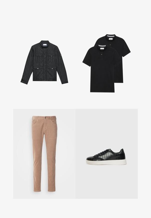 Fekete steppelt dzseki álló gallérral, két elülső zsebbel, patentgombokkal és steppelt textúrával, könnyű anyagból készült.; Két fekete pólóing, rövid ujjú, pamut anyagból készült, klasszikus gallérral, két gombos gombolással, és fehér csíkos díszítéssel a gallér belső részén.; Világosbarna kordbársonynadrág, egyenes szabással, két elülső zsebbel, gombos záródással és puha bordázott textúrával.; Fekete sportcipő, amely texturált krokodilbőr felsőrésszel, kerek orral és sima felületű, kontrasztos fehér gumitalppal rendelkezik.