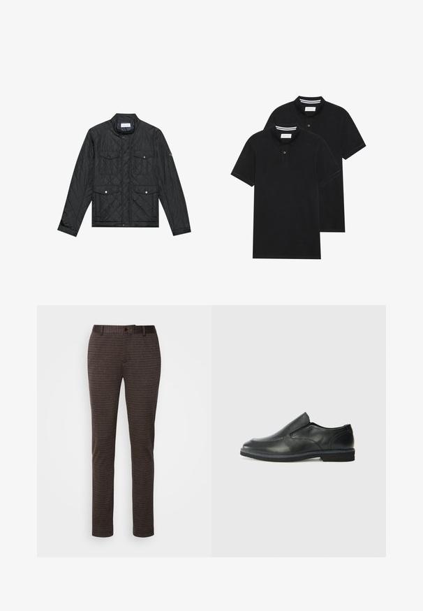 Juodas siuvinėtas džemperis su stovinčia apykakle, dviem priekinėm kišenėm su spaudėmis ir siuvinėtu paviršiumi, pagamintas iš lengvo audinio.; Du žaidimų juodos polo marškiniai, trumpomis rankovėmis, pagaminti iš medvilnės, su klasikinėmis apykaklėmis, dviem mygtukais priekyje ir baltais dryžiais apykaklės viduje.; Rudos raštuoti kelnių su tiesiu pjūviu, pasižymintys mygtuko užsegimu ir diržo kilpomis. Pagaminti iš tekstūruoto audinio su vertikaliomis linijomis.; Juodai odiniai įtvirtinimo batai su lygiu paviršiumi, siuvinėjimo akcentais, apvalia nosimi ir žemu guminiu kulnu. Pado raštas minimalus.