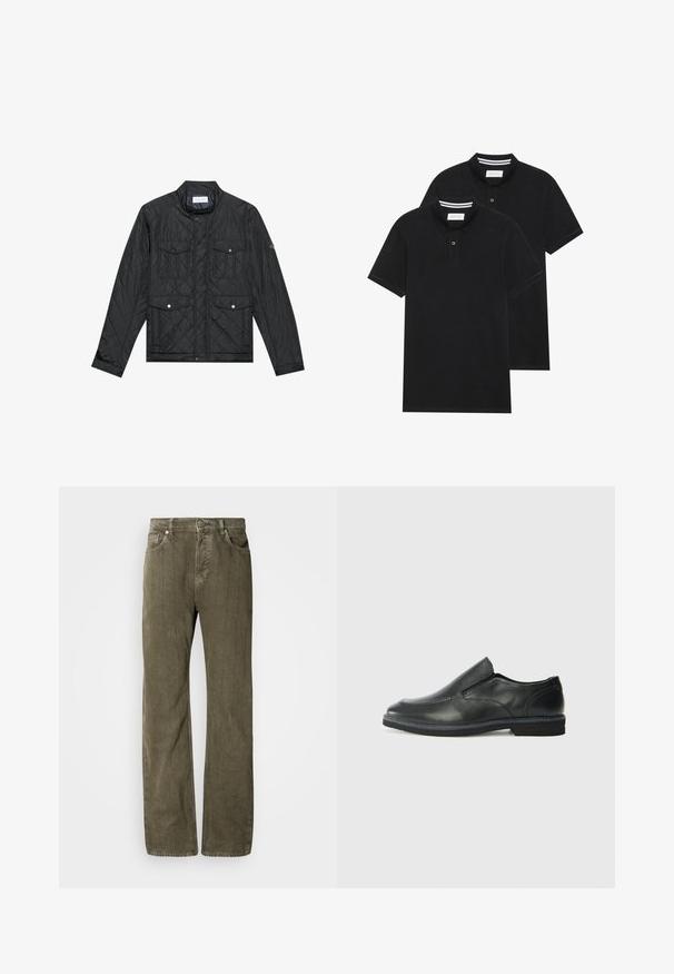 Mustmust riieumikate, millel on seisva kraega, kaks esipocketit nupuvajutustega ja tikitud tekstuur, valmistatud kergetest materjalidest.; Kaks musta polo särki, lühikeste varrukatega, puuvillane materjal, klassikalise kraega, kahe nupuga kinnitusega, valgete triipudega krae sisepinnal.; Olive rohega sirged teksad, mis on valmistatud tekstuurilisest puuvillakanga. Omab viit taskut, metallist nööpkinnitust ja delikaatseid püstse stitched seam'e.; Must musta laia suuga king, millel on sile ülemine osa, õmmeldud detailid, ümmargune nina ja madal kummist konts. Tallal on minimaalne mustr.