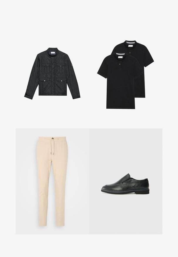Čierna prešívaná bunda s vystuženým golierom, dvoma prednými vreckami so cvokmi a prešívanou textúrou, vyrobená z ľahkého materiálu.; Dvé čierne polo tričká, krátke rukávy, vyrobené z bavlny, s klasickým golierom, dvojitým gombíkom a bielymi pruhmi vo vnútri goliera.; Béžové zúžené nohavice vyrobené z mäkkej látky, s elastickým pásom na šnúrku a jednou prednou vreckom. Hladká textúra a decentný dizajn.; Čierny kožený nazúvací topánka s hladkým zvrškom, prešitými akcentmi, zaoblenou špičkou a nízkym gumovým podpätkom. Podošva má minimálny dezén.