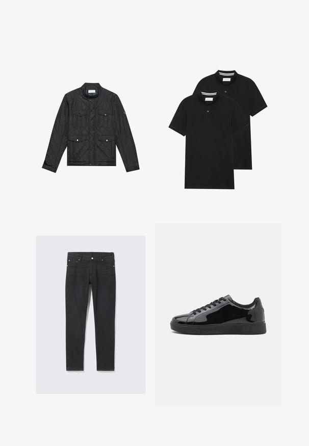 Mustikkapintainen takki, jossa on pystykaulus, kaksi etutaskua nepparilla ja tikattu kuvio, valmistettu kevyestä kankaasta.; Kaksi mustaa lyhythihaista poolopaitaa, puuvillamateriaalia, joissa on klassinen kaulus, kahden napin napitus ja valkoiset raidat kauluksen sisällä.; Mustat farkut, joissa on slim fit -leikkaus, etutaskut, nappisulku ja hillityt ompeluyksityiskohdat sivusaumojen varrella.; Mustat patenttihin nahkasneakerit, joissa on pyöreä kärki, litteä kumipohja ja mustat nauhat. Yksinkertainen, kiiltävä pinta yläpinnalla.