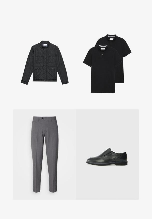Svart, quiltet jakke med ståkrage, to frontlommer med trykknapper og quiltet tekstur, laget av lett materiale.; To svarte polo skjorter, kortermet, i bomullsmateriale, med krage i klassisk stil, to-knapps knappestolpe, og hvite striper inni kragen.; Grå skreddersydde bukser med en glatt tekstur, med en enkelt knapp lukking, frontlommer og en slim fit-design.; Sorte skinn slip-on sko med en jevn overflate, stikking detaljer, rund tå og en lav gummihæl. Sålen har minimal mønstring.