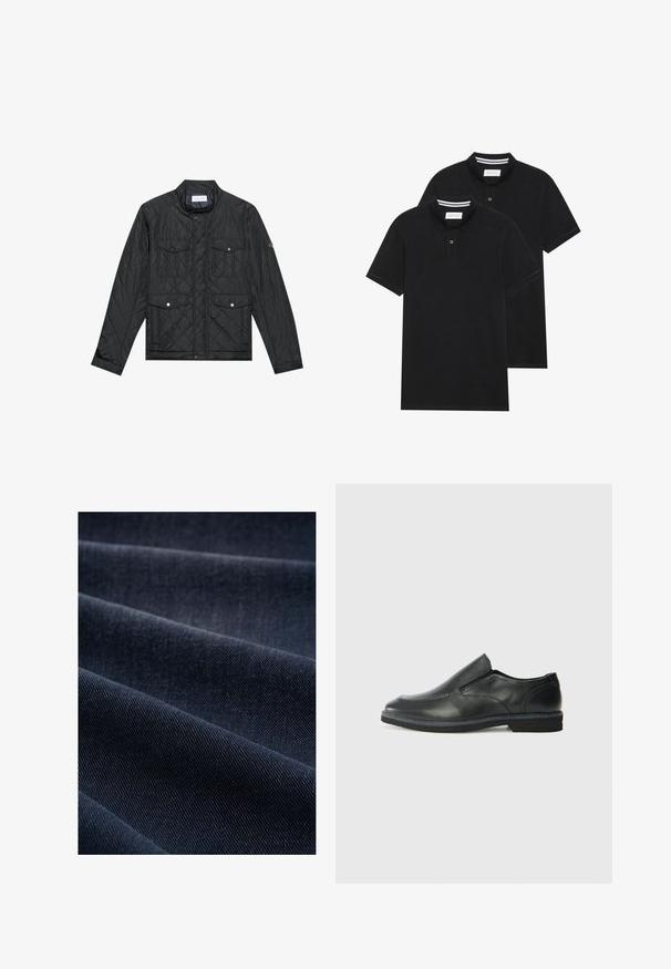 Čierna prešívaná bunda s vystuženým golierom, dvoma prednými vreckami so cvokmi a prešívanou textúrou, vyrobená z ľahkého materiálu.; Dvé čierne polo tričká, krátke rukávy, vyrobené z bavlny, s klasickým golierom, dvojitým gombíkom a bielymi pruhmi vo vnútri goliera.; Tmavomodrá džínová tkanina s rebrovanou štruktúrou, ktorá zobrazuje záhyby a vlny, zvýrazňujúca jej hmotnosť a odolnosť.; Čierny kožený nazúvací topánka s hladkým zvrškom, prešitými akcentmi, zaoblenou špičkou a nízkym gumovým podpätkom. Podošva má minimálny dezén.