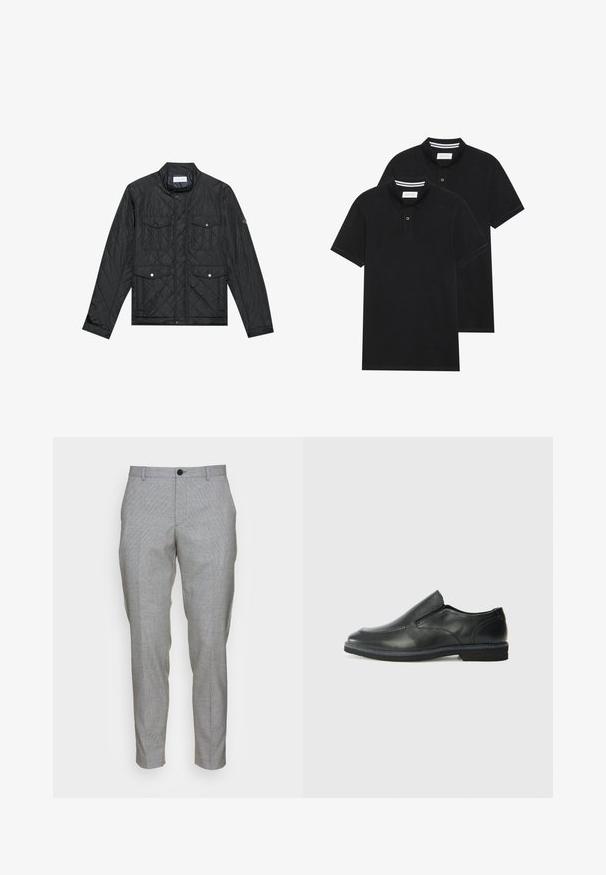 Casaco acolchoado preto com colarinho alto, dois bolsos frontais com botões de pressão e textura acolchoada, feito de um tecido leve.; Duas camisetas polo pretas, de manga curta, em material de algodão, com colarinho clássico, abertura com dois botões e detalhes em riscas brancas no interior do colarinho.; Calvin Klein Tailored SOFT STRETCH PIQUE PANTS - Chinos - light grey heather; Sapato slip-on preto em pele com um upper liso, acabamentos cosidos, bico arredondado e um salto de borracha baixo. A sola apresenta um padrão de aderência mínimo.