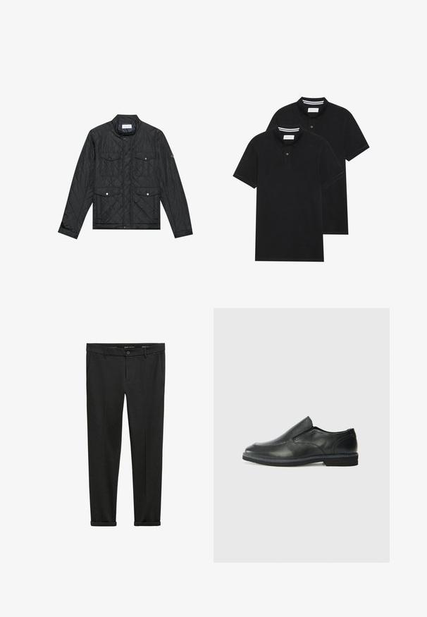 Veste matelassée noire avec col montant, deux poches avant avec boutons-pression et texture matelassée, fabriquée en tissu léger.; Deux polos noirs, à manches courtes, en coton, avec un col classique, une patte de boutonnage à deux boutons, et des accents rayés blancs à l'intérieur du col.; Pantalons noirs ajustés au design à jambes droites, dotés de poches avant, d'une fermeture à bouton et de poignets roulés pour un look soigné.; Chaussure slip-on en cuir noir avec une tige lisse, des accents cousus, un bout arrondi et un petit talon en caoutchouc. La semelle présente un profil de traction minimal.