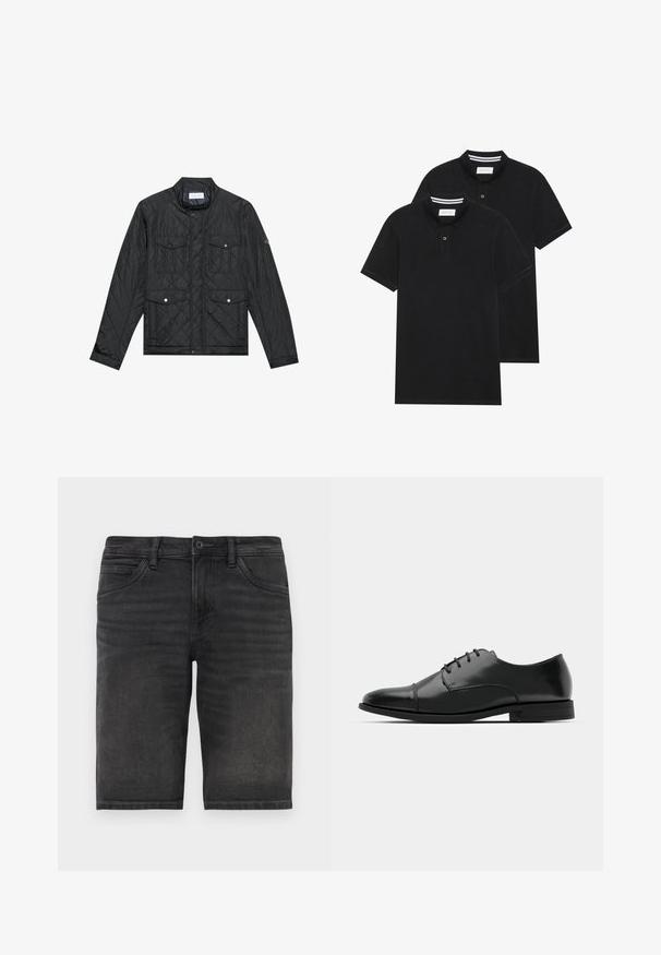 Mustmust riieumikate, millel on seisva kraega, kaks esipocketit nupuvajutustega ja tikitud tekstuur, valmistatud kergetest materjalidest.; Kaks musta polo särki, lühikeste varrukatega, puuvillane materjal, klassikalise kraega, kahe nupuga kinnitusega, valgete triipudega krae sisepinnal.; Mustadest denimist lühikesed püksid otse lõikega, viie tasku ja nööbiga sulgumisega. Omab kerget kulumist ja tugevat kangast tekstuuri.; Must must esine tugeva varbaga, luku kinnitusega, peente õmblustete detailidega ja madala kontsaga. Sile tekstuur ja poleeritud viimistlus.