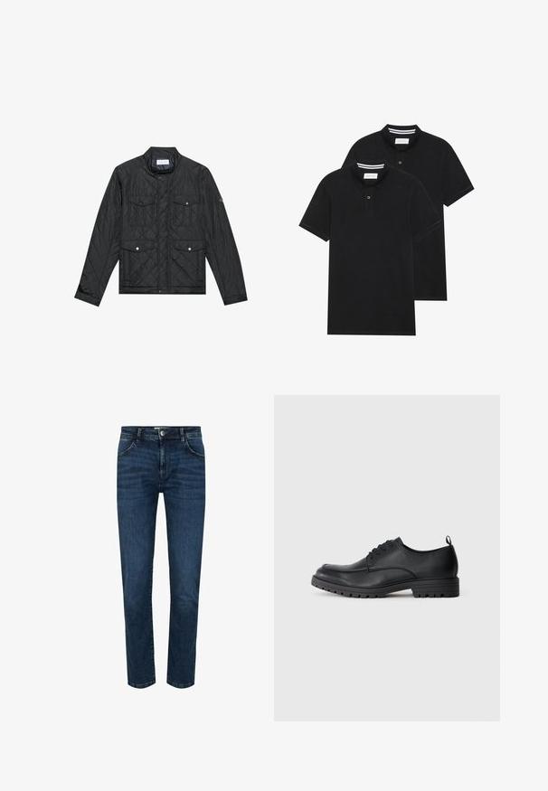 Chaqueta negra acolchada con cuello alzado, dos bolsillos frontales con botones a presión y textura acolchada, fabricada en un tejido ligero.; Dos camisetas polo negras, de manga corta, de material de algodón, que presentan un cuello clásico, una tapeta de dos botones y acentos de rayas blancas en el interior del cuello.; Jeans de mezclilla azul oscuro con corte recto, diseño de cinco bolsillos y cierre de botón. Costuras reforzadas a lo largo de las uniones y un ligero efecto de desvanecimiento.; Zapato de vestir de cuero negro con textura suave, puntera redondeada, cordones delanteros y suela de goma resistente con un patrón de relieve.