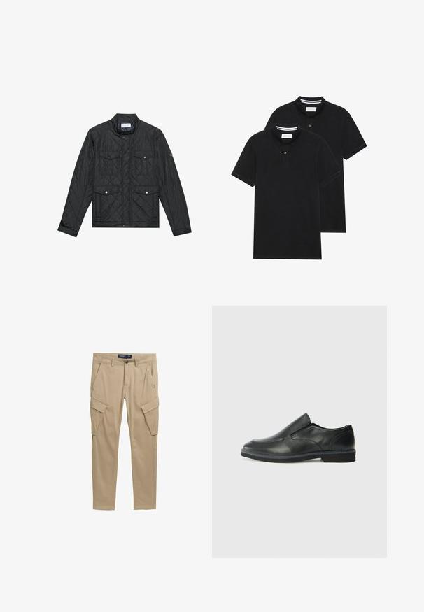 Schwarz gesteppte Jacke mit Stehkragen, zwei aufgesetzten Taschen mit Druckknöpfen und gestepptem Muster, aus leichtem Material gefertigt.; Zwei schwarze Polohemden, kurzärmlig, aus Baumwolle, mit einem klassischen Kragen, zwei Knöpfen und weißen Streifenakzenten im Inneren des Kragens.; Khakifarbene Cargo-Hosen aus leichtem Material, mit mehreren Seitentaschen, Gürtelschlaufen und einem Reißverschluss mit Knopfverschluss.; Schwarze Leder-Slipper mit glattem Obermaterial, gesteppten Akzenten, runder Zehenpartie und niedrigem Gummiabsatz. Die Sohle hat ein minimales Profil.