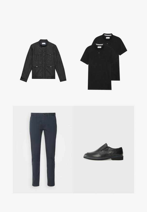 Sort quiltet jakke med en stående krave, to forlommer med trykknapper og quiltet struktur, lavet af letvægtsstof.; To sorte polo T-shirts, kortærmede, lavet af bomuldsstof, med en klassisk krave, to-knaps placket og hvide stribede detaljer indeni kraven.; Mørkeblå chinos lavet af letvægts bomuld, med lige snit, knaplukning og front lommer. Glat tekstur med minimal detaljer.; Sorte læder slip-on sko med en glat overdel, syede detaljer, rund tå og en lav gummihæl. Sålen har minimal profil.