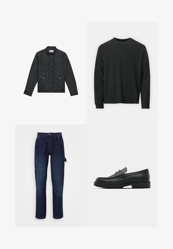 Černá prošívaná bunda s límcem, dvěma předními kapsami se zacvakávacími knoflíky a prošívanou strukturou, vyrobená z lehkého materiálu.; Černé tričko s dlouhými rukávy vyrobené z bavlny, s kulatým výstřihem, volným střihem a žebrovanými manžetami. Hladká textura bez viditelných vzorů.; Tmavě modré džínové kalhoty s rovnými nohavicemi, které mají dvě přední kapsy, viditelné švy a bo标签 pro funkční detail.; Černé kožené mokasíny s kulatou špičkou, zdobené prošitím, s nízkou platformou a texturovanou gumovou podrážkou s drážkováním.