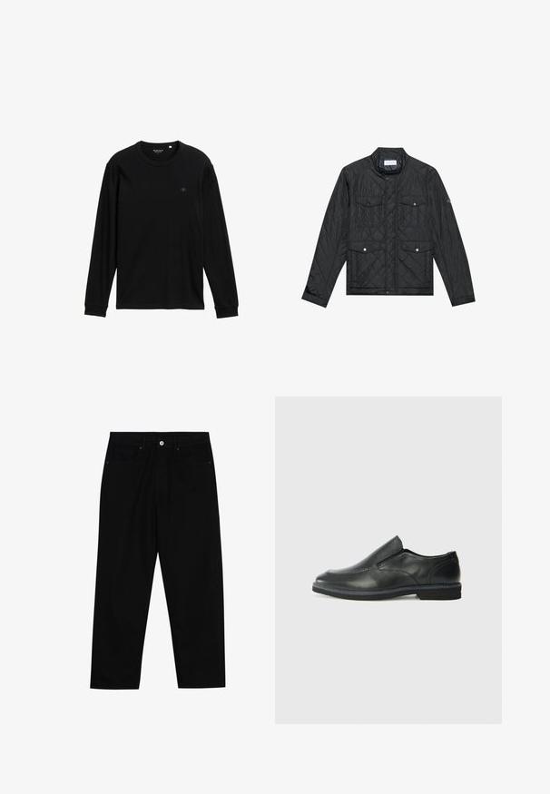 Jachetă neagră matlasată cu guler înălțat, două buzunare frontale cu nasturi și textură matlasată, realizată dintr-un material ușor.; Tricou negru cu mânecă lungă, realizat dintr-un material moale; prezintă un guler rotund, manșete ribbate și un mic logo pe piept pentru detaliu.; Pantaloni negri din denim cu croială dreaptă, design cu cinci buzunare și închidere frontală cu nasture. Textură netedă cu detalii de cusătură minime.; Pantof de piele neagră, tip slip-on, cu un superior neted, accente cusute, vârf rotunjit și un toc jos din cauciuc. Talpa are un profil minim de aderență.