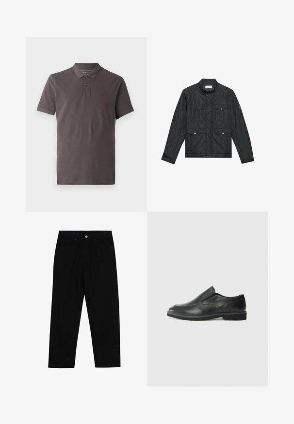 Czarna pikowana kurtka z stójką, dwiema przednimi kieszeniami z zatrzaskami i pikowaną teksturą, wykonana z lekkiego materiału.; Koszulka polo w ciemnoszarym kolorze z bawełny, z kołnierzykiem, plackiem na trzy guziki, krótkimi rękawami oraz dyskretnym haftowanym logo po lewej stronie na klatce piersiowej.; Czarne spodnie dżinsowe w klasycznym kroju prostym, z pięcioma kieszeniami i zapięciem na guzik z przodu. Gładka tekstura z minimalnymi detalami szwy.; Czarne skórzane buty wsuwane z gładką cholewką, przeszyciami, okrągłym noskiem i niskim gumowym obcasem. Podeszwa ma minimalny bieżnik.