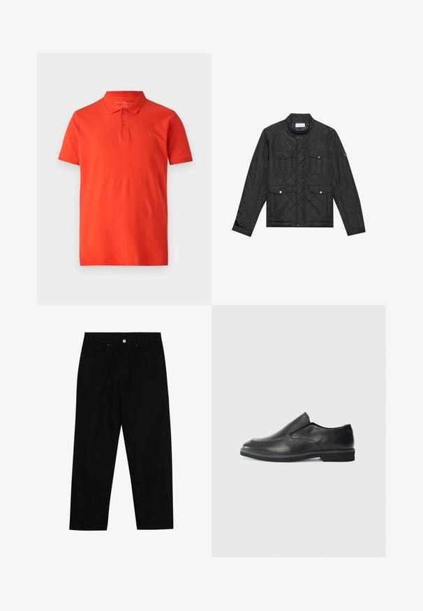 Melna quiltota jaka ar stāvo apkakli, divām priekšējām kabatām ar spiedpogu aizdari un quiltu tekstūru, izgatavota no viegla auduma.; Sarkans polo krekls, izgatavots no gludas kokvilnas, ar klasisku apkakli, īsām piedurknēm un trim pogām pie kakla. Uz krūškurvja ir vienkāršs izšūts logo.; Melni džinsi ar taisnu kāju griezumu, piecu kabatu dizainu un priekšēju pogu aizdari. Gluda tekstūra ar minimālu šuvju detaļu skaitu.; Melnas ādas slip-on kurpes ar gludu augšdaļu, izšūtām akcentiem, noapaļotu purngala daļu un zemu gumijas papēdi. Zole ar minimālu rakstu.