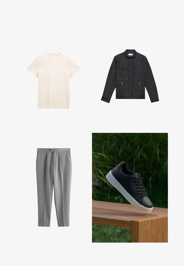 Czarna pikowana kurtka z stójką, dwiema przednimi kieszeniami z zatrzaskami i pikowaną teksturą, wykonana z lekkiego materiału.; Kremowa bawełniana koszulka z krótkim rękawem, okrągłym dekoltem i lekko teksturowanym materiałem. Brak widocznych wzorów lub grafik.; Szare spodnie w prążki o luźnym kroju, z zapięciem na jeden guzik, prostymi nogawkami i plisami z przodu dla dodatkowej struktury.; Czarne skórzane sneakersy o gładkiej fakturze, z białą gumową podeszwą i sześcioma otworami na sznurowadła, wyeksponowane na drewnianej powierzchni.