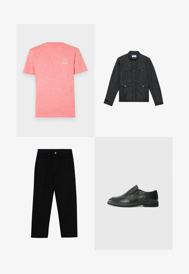 Černá prošívaná bunda s límcem, dvěma předními kapsami se zacvakávacími knoflíky a prošívanou strukturou, vyrobená z lehkého materiálu.; Růžové bavlněné tričko s krátkým rukávem, které na levé straně hrudníku má malé bílé logo. Měkká textura a klasický kulatý výstřih.; Černé džíny s rovně střiženými nohavicemi, designem pěti kapes a předním zapínáním na knoflík. Hladký povrch s minimem švových detailů.; Černá kožená nazouvací bota s hladkým svrškem, prošívanými detaily, zaoblenou špičkou a nízkým gumovým podpatkem. Podešev má minimální vzorek.