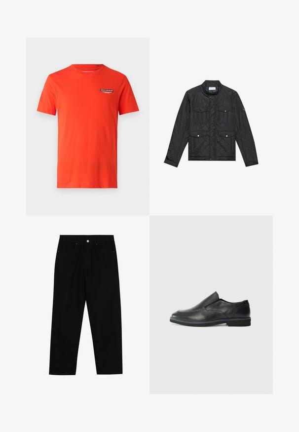 Fekete steppelt dzseki álló gallérral, két elülső zsebbel, patentgombokkal és steppelt textúrával, könnyű anyagból készült.; Vörös pamut póló rövid ujjakkal, kerek nyakkal és egy kis fekete címkével, amely fehér szöveget tartalmaz a mellrészen. Simább textúra.; Fekete farmernadrág, egyenes szabással, öt zsebből álló dizájnnal és elülső gombos záródással. Simább felület minimális varrási részletekkel.; Fekete bőr, slip-on cipő sima felsőrésszel, varrott díszítéssel, lekerekített orral és alacsony gumitalppal. A talpa minimális bordázattal rendelkezik.