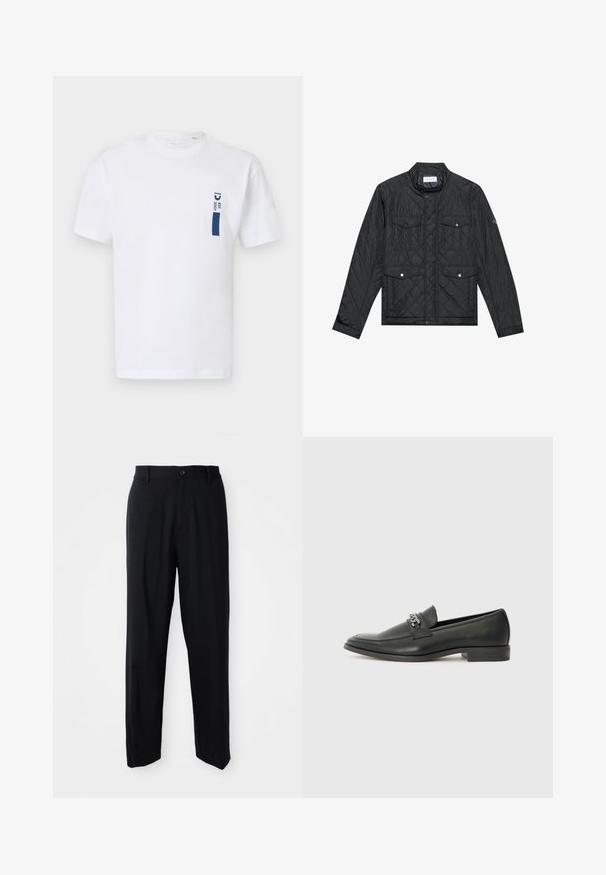 Schwarz gesteppte Jacke mit Stehkragen, zwei aufgesetzten Taschen mit Druckknöpfen und gestepptem Muster, aus leichtem Material gefertigt.; Weißes Baumwoll-T-Shirt mit kurzen Ärmeln, das auf der linken Brust eine dunkelblaue Grafik mit dem Text "EST 2007" zeigt. Schlichte Gestaltung.; Schwarze gerade geschnittene Hosen mit Gürtelschlaufen, Knopfschluss und einem eleganten, minimalistischen Design auf einem neutralen Hintergrund.; Schwarzer Lederloafer mit glatter Oberfläche, ausgestattet mit einer gesteppten Gestaltung und einem dekorativen Metallkettendetail über dem Vorderblatt. Flacher Absatz.