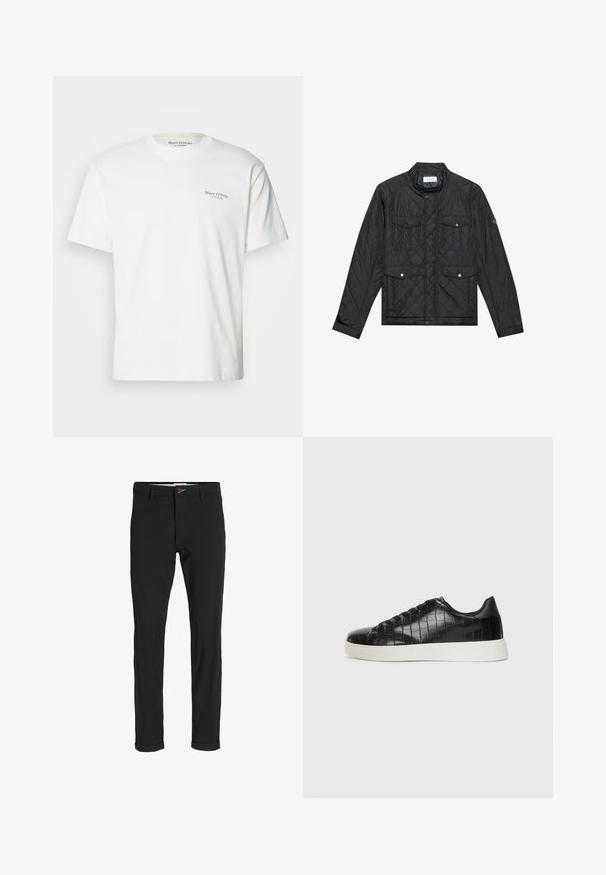 Melna quiltota jaka ar stāvo apkakli, divām priekšējām kabatām ar spiedpogu aizdari un quiltu tekstūru, izgatavota no viegla auduma.; Balta kokvilnas T-kreklu ar apaļu izgriezumu, īsām piedurknēm un mazu apdrukātu logotipu kreisajā krūtī. Gluda tekstūra, brīva piegriezne.; Melnas kokvilnas maisījuma bikses ar šauru piegriezumu, ar pogu aizdari, kabatām un rullētām piedurknēm ikdienišķam izskatam.; Melni sporta apavi ar teksturētu krokodila raksta ādas augšdaļu, noapaļotu pirkstu daļu un kontrastējošu baltu gumijas zoli ar gludu virsmu.