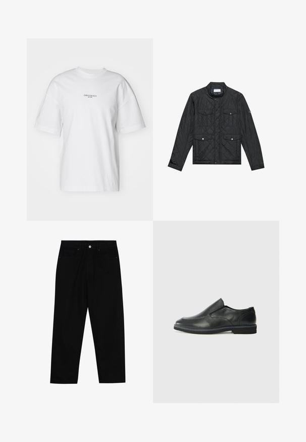 Czarna pikowana kurtka z stójką, dwiema przednimi kieszeniami z zatrzaskami i pikowaną teksturą, wykonana z lekkiego materiału.; Biała bawełniana koszulka z okrągłym dekoltem i krótkim rękawem. Na przodzie znajduje się mały czarny napis "ORIGINALS est. 1970".; Czarne spodnie dżinsowe w klasycznym kroju prostym, z pięcioma kieszeniami i zapięciem na guzik z przodu. Gładka tekstura z minimalnymi detalami szwy.; Czarne skórzane buty wsuwane z gładką cholewką, przeszyciami, okrągłym noskiem i niskim gumowym obcasem. Podeszwa ma minimalny bieżnik.
