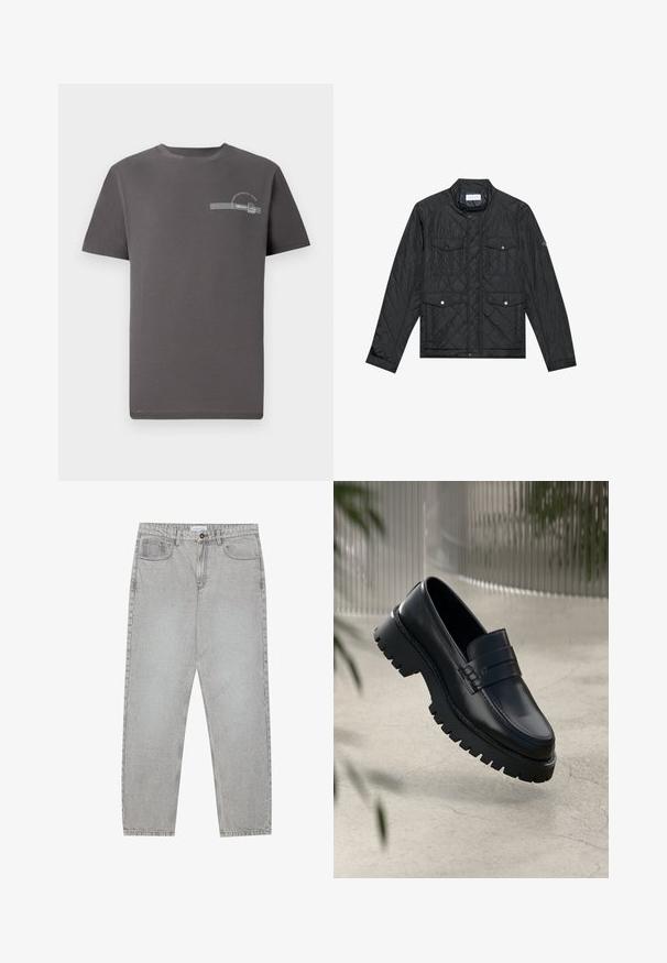 Svart, quiltet jakke med ståkrage, to frontlommer med trykknapper og quiltet tekstur, laget av lett materiale.; Grå bomull T-skjorte med korte ermer, rund hals, en liten trykt design på brystet, med tekst og en stripete detalj.; Lys grå denimbukser med rett ben-design, fem lommer og knappelukking. Synlig søm langs sømmene.; Sorte lærloafere med en kraftig såle, som har en dekorativ rem og sømdetaljering. Glatt tekstur med en polert overflate.