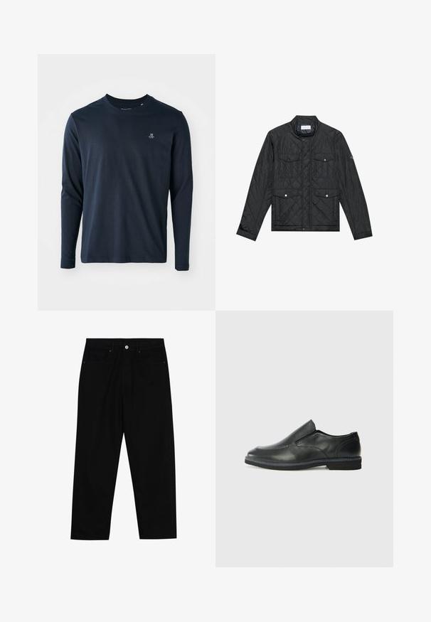 Fekete steppelt dzseki álló gallérral, két elülső zsebbel, patentgombokkal és steppelt textúrával, könnyű anyagból készült.; Hosszú ujjú, sötétkék póló, puha pamutból készült, kerek nyakkivágással és egy kis fehér logóval a bal mellen.; Fekete farmernadrág, egyenes szabással, öt zsebből álló dizájnnal és elülső gombos záródással. Simább felület minimális varrási részletekkel.; Fekete bőr, slip-on cipő sima felsőrésszel, varrott díszítéssel, lekerekített orral és alacsony gumitalppal. A talpa minimális bordázattal rendelkezik.