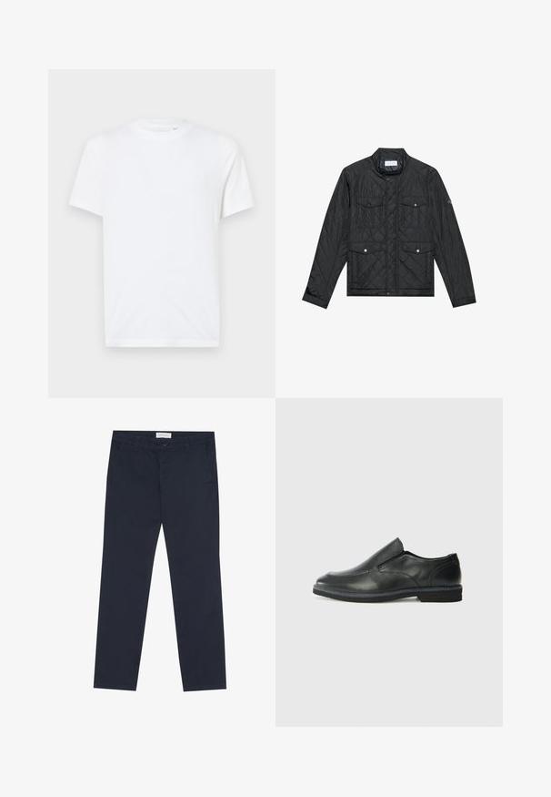 Sort quiltet jakke med en stående krave, to forlommer med trykknapper og quiltet struktur, lavet af letvægtsstof.; Hvid bomulds t-shirt med rund halsudskæring og korte ærmer. Har et lille, præget logo på venstre bryst. Glat tekstur.; Marineblå chinos lavet af bomuld med en glat overflade, der har lynlås, bæltesløjfer og sidelommer for funktionalitet.; Sorte læder slip-on sko med en glat overdel, syede detaljer, rund tå og en lav gummihæl. Sålen har minimal profil.