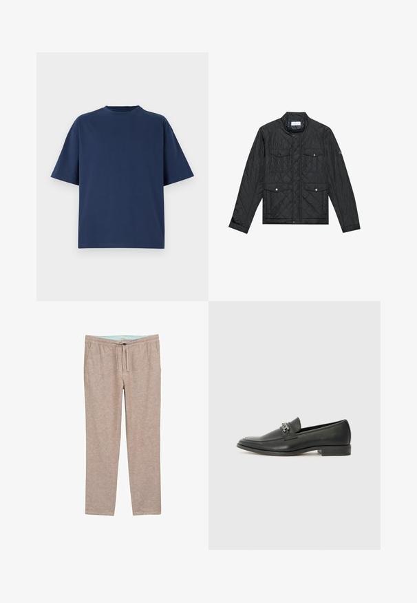 Fekete steppelt dzseki álló gallérral, két elülső zsebbel, patentgombokkal és steppelt textúrával, könnyű anyagból készült.; Sötétkék, rövid ujjú póló, sima pamutból készült, kerek nyakkivágással és laza szabással, minimális részletezéssel és látható logók nélkül.; Világosbarna, puha textúrájú nadrágok laza szabással, amely elasztikus derékgumival és állítható húzózsinórral rendelkezik a kényelmes viselet érdekében.; Fekete bőr loaferek sima felülettel, varrott mintával és díszítő fém lánccal a cipő elején. Lapos sarok.