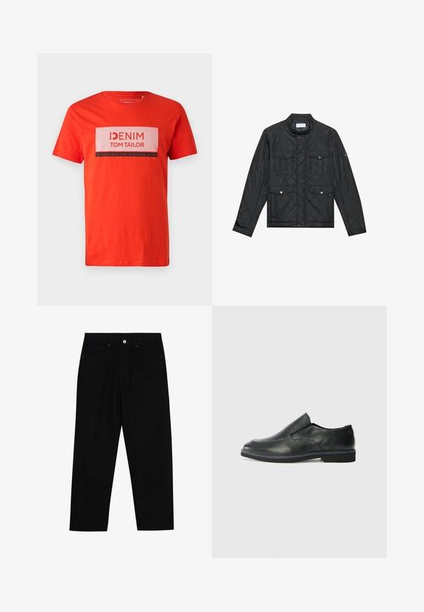 Čierna prešívaná bunda s vystuženým golierom, dvoma prednými vreckami so cvokmi a prešívanou textúrou, vyrobená z ľahkého materiálu.; Červené bavlnené tričko s krátkymi rukávmi, s bielym obdĺžnikovým grafickým prvkom s nápismi "DENIM TOM TAILOR" a "ESTABLISHED TWO THOUSAND SEVEN" v čiernom písme.; Čierne denimmové nohavice s rovný strihom, dizajnom s piatimi vreckami a upínaním na prednej strane. Hladká textúra s minimálnymi detailmi šitia.; Čierny kožený nazúvací topánka s hladkým zvrškom, prešitými akcentmi, zaoblenou špičkou a nízkym gumovým podpätkom. Podošva má minimálny dezén.