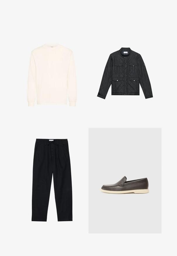 Black quilted jacket featuring a stand collar, two front pockets with snap buttons, and quilted texture, made from lightweight fabric.; Long-sleeve shirt in off-white cotton with a crew neckline and elasticized cuffs, featuring a minimalist design and soft texture.; Pier One Chinos - black; Brown leather slip-on shoes with a textured surface and a contrasting light beige sole, featuring a rounded toe and minimal stitching details.
