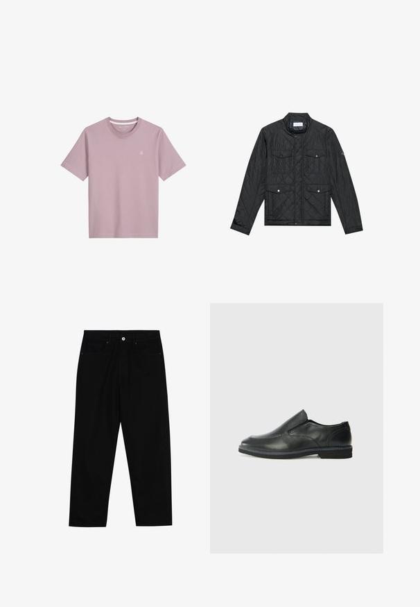 Czarna pikowana kurtka z stójką, dwiema przednimi kieszeniami z zatrzaskami i pikowaną teksturą, wykonana z lekkiego materiału.; Jasnoróżowy t-shirt z krótkim rękawem wykonany z miękkiego materiału, z dekoltem w łódkę i małym haftowanym logo na piersi.; Czarne spodnie dżinsowe w klasycznym kroju prostym, z pięcioma kieszeniami i zapięciem na guzik z przodu. Gładka tekstura z minimalnymi detalami szwy.; Czarne skórzane buty wsuwane z gładką cholewką, przeszyciami, okrągłym noskiem i niskim gumowym obcasem. Podeszwa ma minimalny bieżnik.