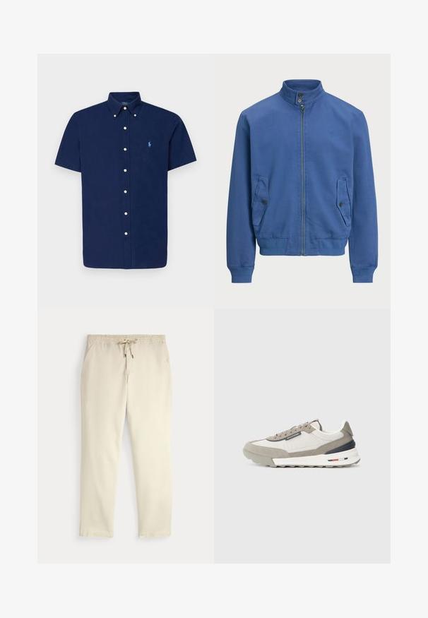 Blue bomber jacket made of smooth fabric, featuring a stand collar, zip front, two side pockets, and ribbed cuffs and hem.; Navy short-sleeve button-up shirt with a pointed collar and a small light blue polo logo. Features white buttons and a smooth, textured fabric.; Off-white casual pants with elastic waistband and drawstring, straight legs, and side pockets against a plain background.; Grey and white sneakers featuring a mix of suede and textile. Contrasting navy and red accents, with a textured rubber sole and laces.
