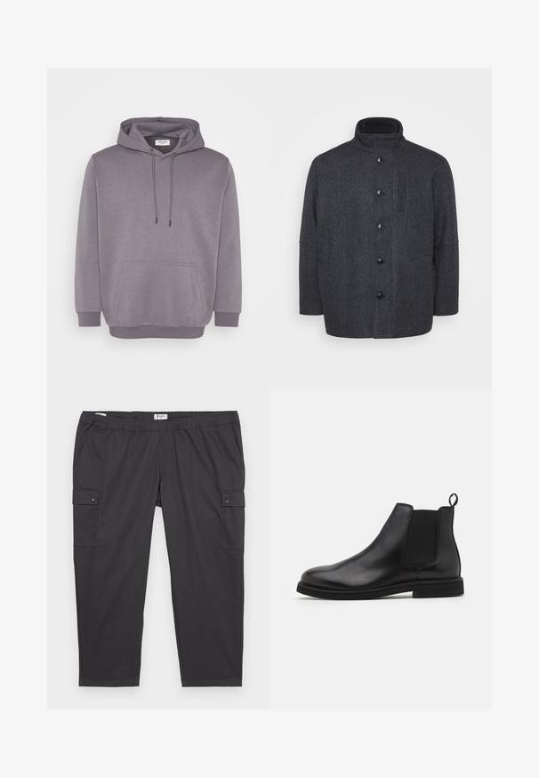 Manteau en laine gris foncé avec un motif en chevron, col montant, fermeture à boutons sur le devant et poches latérales. Présente un design à coupe droite.; Sweat à capuche gris avec cordon de serrage, poche frontale, poignets côtelés et ourlet. Fabriqué en mélange de coton doux avec une texture lisse.; Pantalons cargo noirs avec une taille élastique, des poches latérales et des accents de boutons-pression. Fabriqués en tissu léger et lisse.; Bottines Chelsea en cuir noir avec panneaux élastiques sur les côtés et une languette. Bout arrondi et semelle en caoutchouc plate, mettant en valeur une finition lisse.