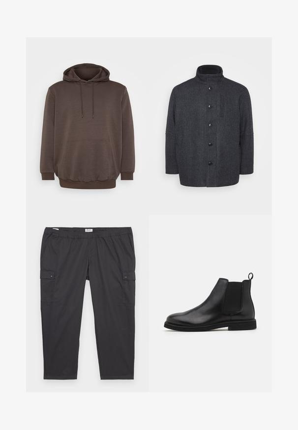 Tamsiai pilkas vilnonis paltas su žuvytės kašmyro raštu, aukštu apykakle, priekiniais mygtukais ir šoninėmis kišenėmis. Paltas turi tiesius kirpimus.; Ruda gobtuvė, pagaminta iš minkštos medžiagos, su priekinėmis kišenėmis, raišteliais ir briaunotais rankogaliais bei apačia. Paprastas dizainas, be raštų.; Juodos cargo kelnės su elastine juosta, šoninėmis kišenėmis ir mygtukų akcentais. Pagaminta iš lengvos, glotnios medžiagos.; Juodos odinės Chelsea botai su elastingomis šoninėmis juostomis ir vilkimo kilpute. Suapvalintas pirštas ir plokščias gumos padas, pabrėžiantis lygų apdailą.