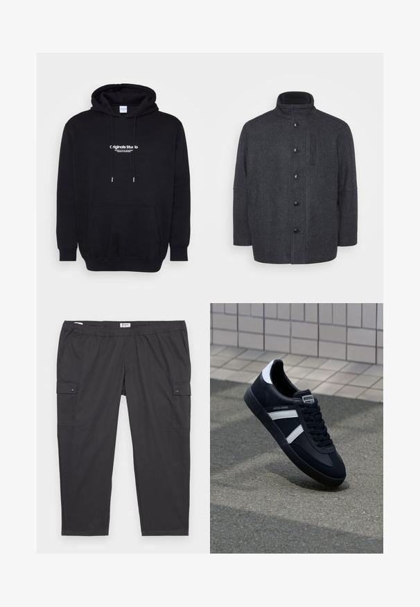 Dunkelgrauer Wollmantel mit einem Fischgrätenmuster, hohem Kragen, vorderem Knopfverschluss und Seitentaschen. Verfügt über einen geraden Schnitt.; Schwarzer Kapuzenpulli aus weichem Stoff, mit einer Vordertasche und kräftigem weißen Logotext auf der Brust. Normale Passform mit Kordelzügen.; Schwarze Cargo-Hosen mit einem elastischen Bund, seitlichen Taschen und Druckknopfdetails. Hergestellt aus leichtem, glattem Stoff.; Schwarze Leder-Sneaker mit weißen Streifen, strukturiertem Gummisohle und Schnürung. Verfügt über ein Markenetikett auf der Zunge.