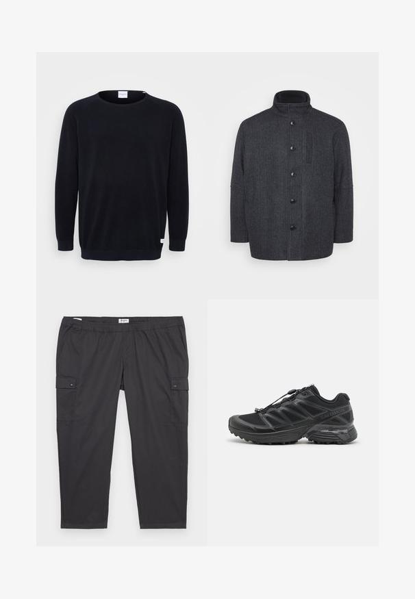 Dark grey wool coat with a herringbone pattern, high collar, front button closure, and side pockets. Features a straight-cut design.; Black knitted sweater with a round neckline and long raglan sleeves. Features ribbed cuffs and hem, textured fabric, and a small label at the hem.; Black cargo pants with an elastic waistband, side pockets, and snap button accents. Made of lightweight, smooth fabric.; Black running shoe with mesh and synthetic upper, flexible outsole, and elastic laces. Features a cushioned midsole for comfort.