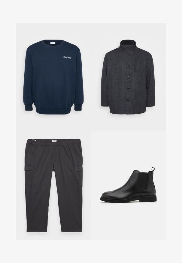 Casaco de lã cinza escuro com padrão em espinha de peixe, gola alta, fecho frontal com botões e bolsos laterais. Apresenta um design de corte reto.; Sweatshirt azul-marinho com mangas longas, gola redonda e punhos canelados. Apresenta o logótipo "Club1990" em bordado branco no peito.; Calças cargo pretas com um cós elástico, bolsos laterais e detalhes de botão de pressão. Feitas de um tecido leve e suave.; Botas Chelsea de couro pretas com painéis laterais elásticos e uma alça na parte traseira. Ponta arredondada e sola de borracha plana, apresentando um acabamento suave.