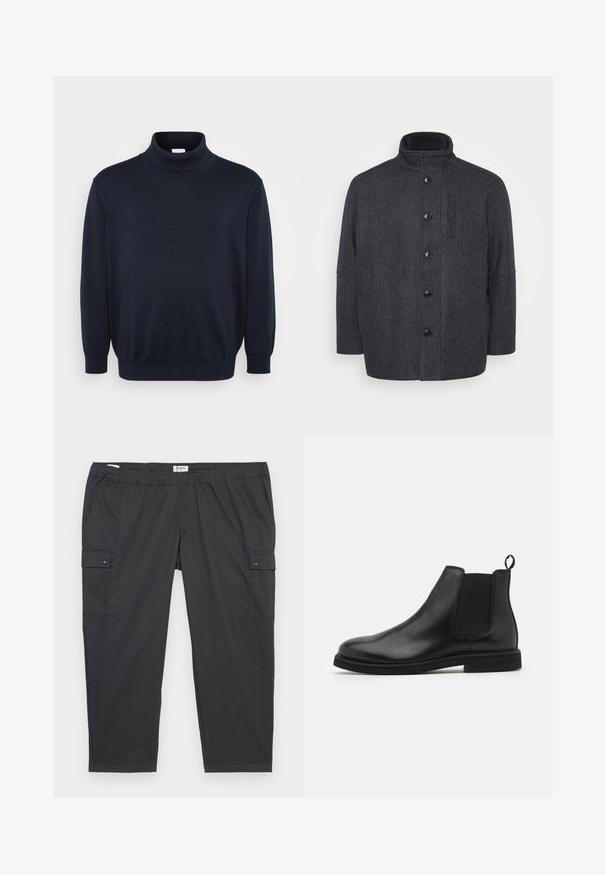 Manteau en laine gris foncé avec un motif en chevron, col montant, fermeture à boutons sur le devant et poches latérales. Présente un design à coupe droite.; Jack & Jones JJEBASIC ROLL NECK - Pullover - navy; Pantalons cargo noirs avec une taille élastique, des poches latérales et des accents de boutons-pression. Fabriqués en tissu léger et lisse.; Bottines Chelsea en cuir noir avec panneaux élastiques sur les côtés et une languette. Bout arrondi et semelle en caoutchouc plate, mettant en valeur une finition lisse.