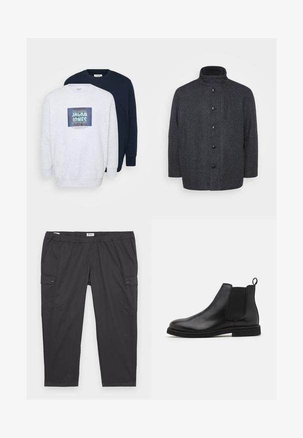 Tmavohnedý vlnený kabát s herringbonovým vzorom, vysokým golierom, predným zapínaním na gombíky a bočnými vreckami. Má rovný strih.; Dvé crewneck mikiny: jedna svetlosivá s grafickým potlačou a druhá v námorníckej modrej. Obe sú vyrobené z mäkkého materiálu s pruhovanými manžetami.; Čierne cargo nohavice s elastickým pásom, bočnými vreckami a ozdobnými patentkami. Vyrobené z ľahkej, hladkej tkaniny.; Čierne kožené Chelsea topánky s elastickými bočnými panelmi a ťahacou pútkom. Oválny špička a plochá gumová podrážka s hladkým povrchom.