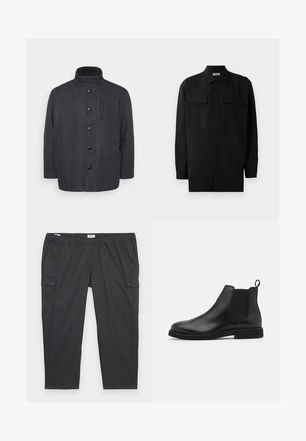 Tamsiai pilkas vilnonis paltas su žuvytės kašmyro raštu, aukštu apykakle, priekiniais mygtukais ir šoninėmis kišenėmis. Paltas turi tiesius kirpimus.; Juodas marškinis su mygtukais, pagamintas iš lygaus audinio, turi klasikinius apykaklės, du priekiniai kišeniai ir ilgus rankovės su mygtukais.; Juodos cargo kelnės su elastine juosta, šoninėmis kišenėmis ir mygtukų akcentais. Pagaminta iš lengvos, glotnios medžiagos.; Juodos odinės Chelsea botai su elastingomis šoninėmis juostomis ir vilkimo kilpute. Suapvalintas pirštas ir plokščias gumos padas, pabrėžiantis lygų apdailą.