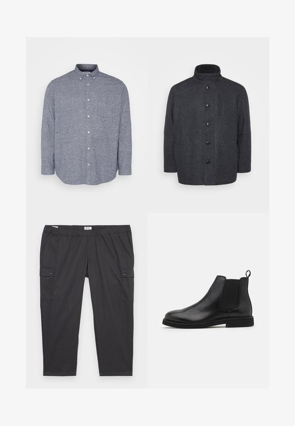 Tamsiai pilkas vilnonis paltas su žuvytės kašmyro raštu, aukštu apykakle, priekiniais mygtukais ir šoninėmis kišenėmis. Paltas turi tiesius kirpimus.; Jack & Jones JPRBLUNORRIS SHIRT - Marškiniai - navy; Juodos cargo kelnės su elastine juosta, šoninėmis kišenėmis ir mygtukų akcentais. Pagaminta iš lengvos, glotnios medžiagos.; Juodos odinės Chelsea botai su elastingomis šoninėmis juostomis ir vilkimo kilpute. Suapvalintas pirštas ir plokščias gumos padas, pabrėžiantis lygų apdailą.